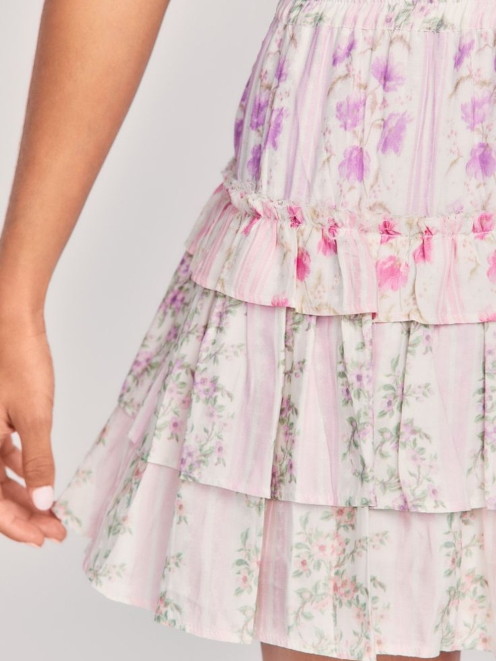 LoveShackFancy Pink Floral Tiered Ruffle Mini Dress